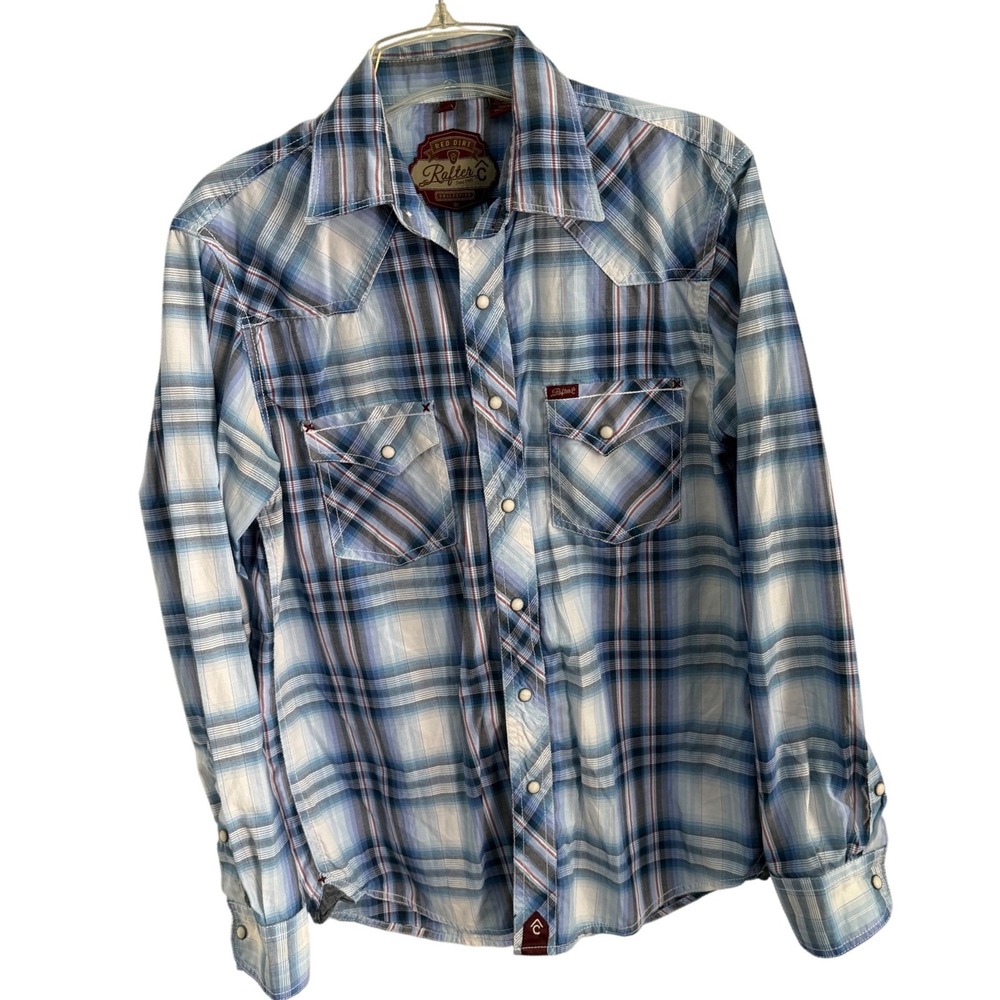Red Dirt Rafter C Collection Mens Blue Plaid Western Pearl Snap Shirt RD22007